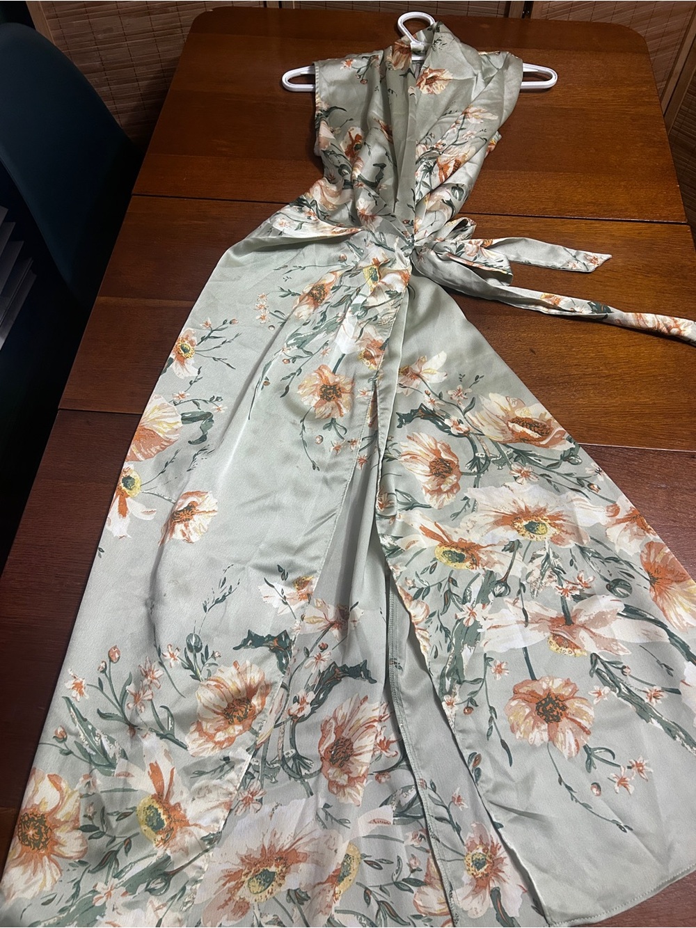 JJs House Sage Green Floral Maxi Wrap Dress
